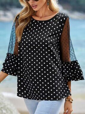 Black & White Polka Dot Blouse with Sheer Sleeves